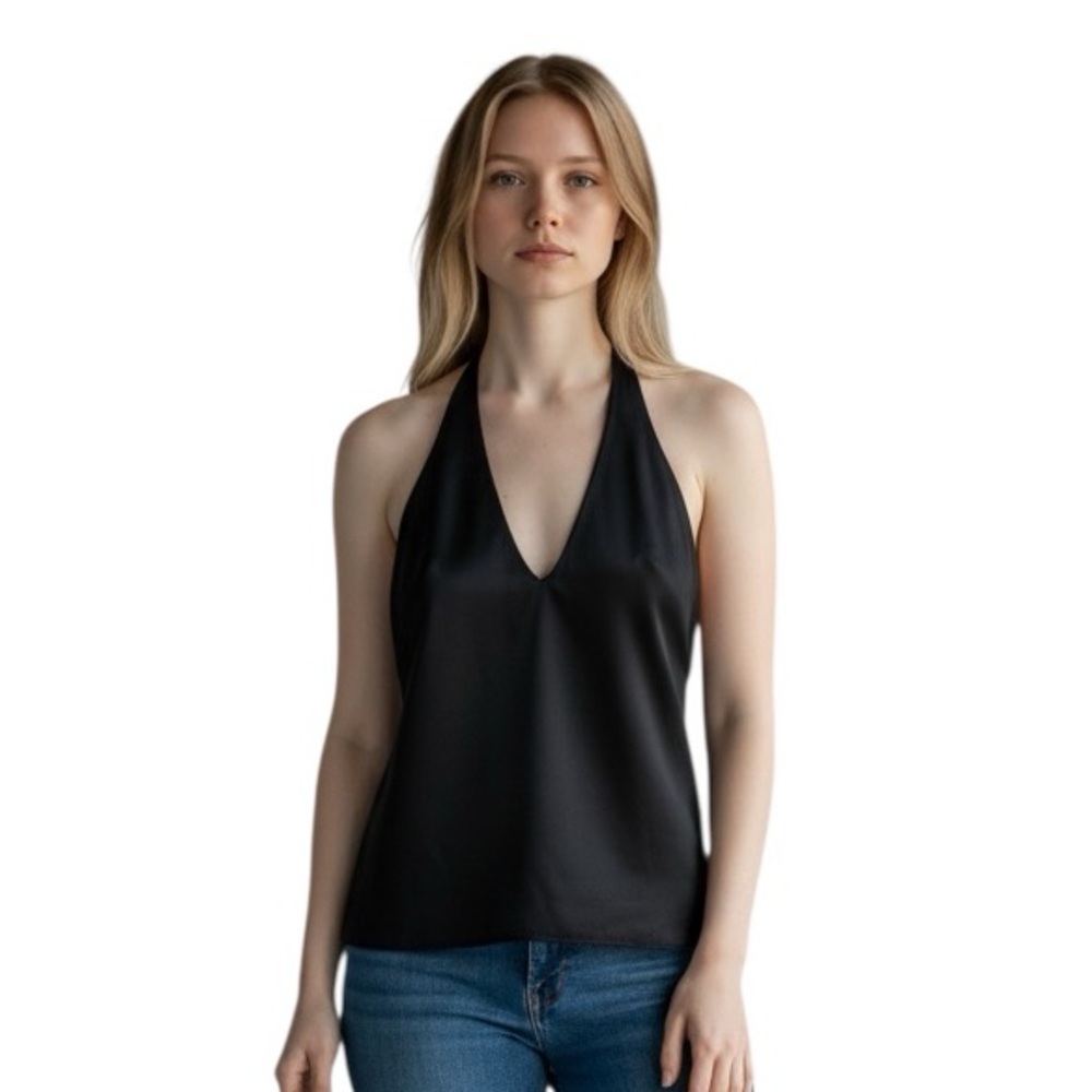 Cami NYC Black Silk Backless Halter Tie-Neck Top S